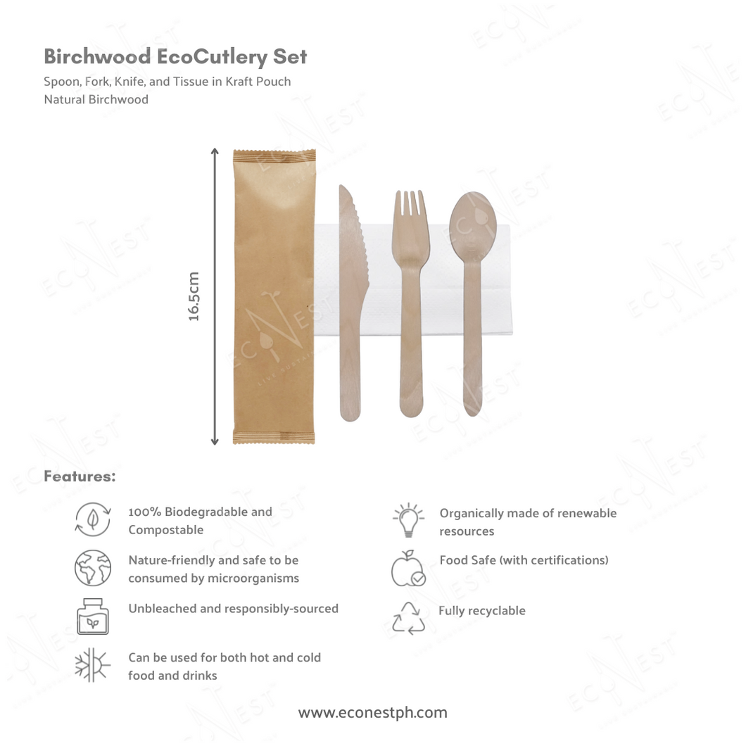Birchwood Eco Cutlery Set in Kraft Pouch